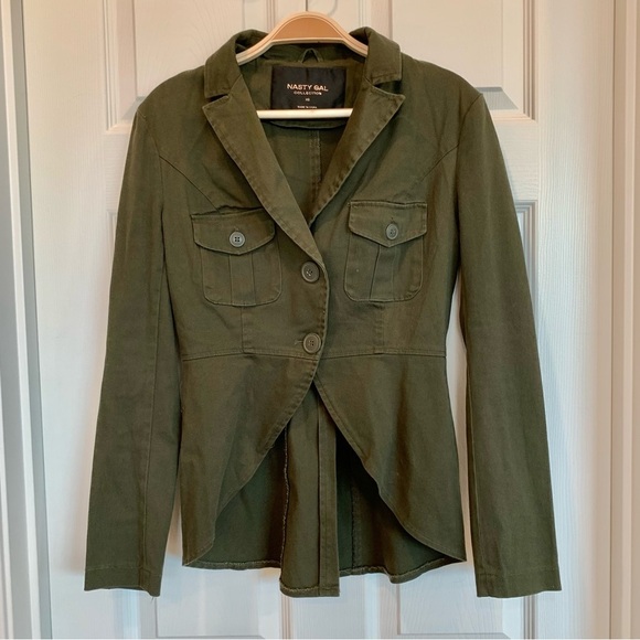 ☘️ Olive Green Twill Battalia Tulip Hem Utility Military Blazer Jacket - Picture 5 of 7